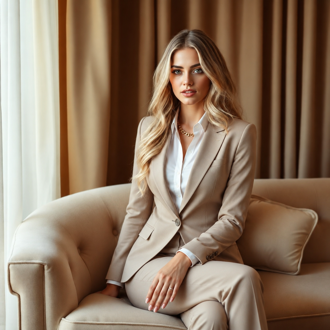 Elegant model in cream silk dress